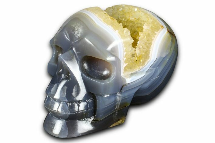 Realistic Polished Banded Agate Skull with Quartz Crystal Pocket #378653